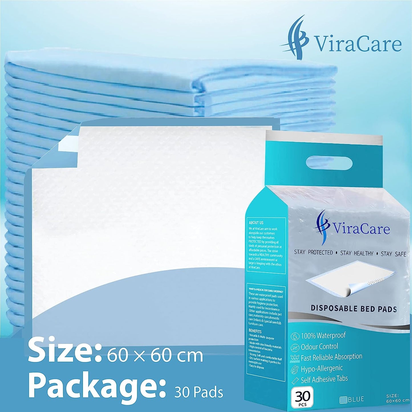 Incontinence Bed Pads: 60x60 cm, Elderly and Disabled, (Qty: 30)