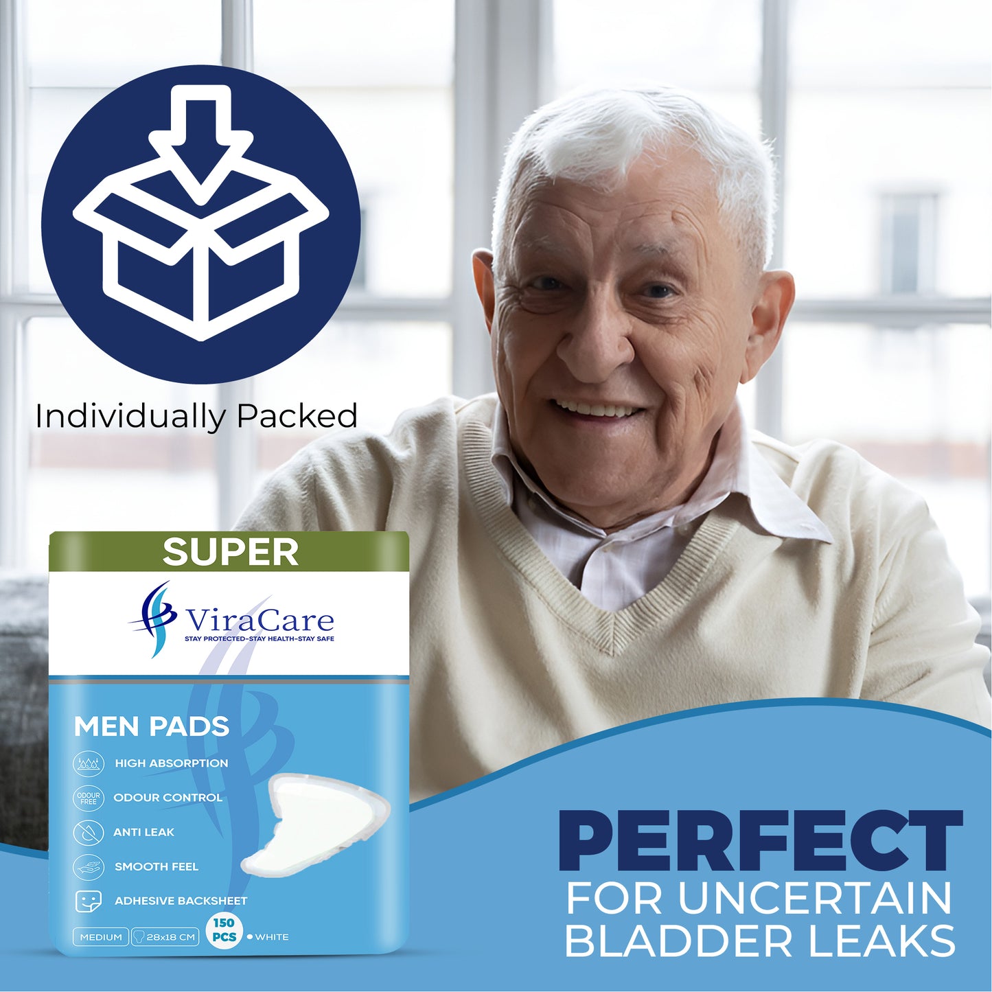 Men Pads Super: High Protection, Adhesive Backsheet, (Qty: 150)